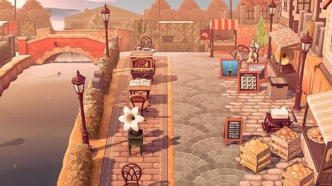 Animal Crossing Small Town, Nooks Cranny And Tailor Shop Ideas Acnh, Acnh Small Town Ideas, Acnh Alleyway, Acnh Downtown, Achn Ideas, Horizon City, Fall Cottagecore, Brick Fence