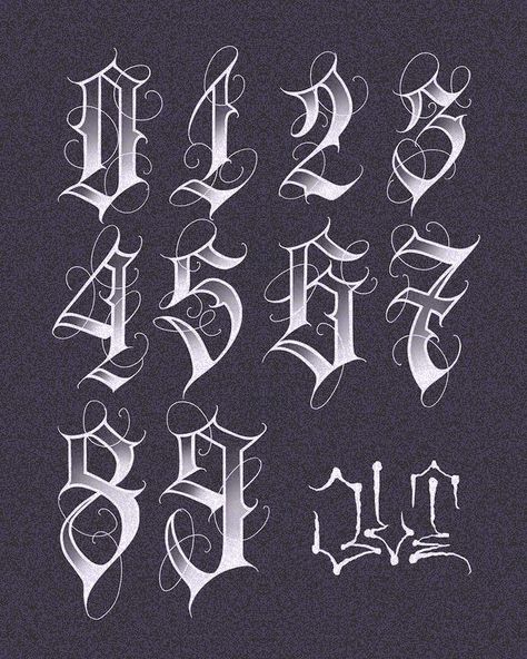 Fonts Design Goth Numbers Font, Numbers In Fonts, Valiant Aesthetic, Numbers Font Design, Number Calligraphy Fonts, Chicano Number Fonts, Gothic Writing Tattoo, Gothic Script Tattoo, Gothic Numbers Font