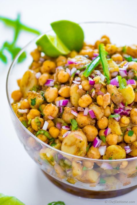 Gluten free Potato Salad with chickpeas and lots of delicious spices Pakistani Chickpea Salad, Indian Potato Salad, Chana Chaat Recipe Pakistani, Indian Brunch, Gluten Free Potato Salad, Aloo Chana, Tamarind Dressing, Chana Chaat Recipe, Perfect Potatoes