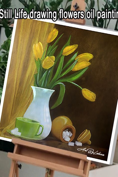 Today's painting is a Still Life drawing flowers oil painting on an acrylic background. Drawing of a vase, pottery, a cup of coffee and sugar... Please encourage me.thanks. ArtByLahcen Art By Lahcen Drawing Cup, Acrylic Background, Flowers Oil Painting, Vase Pottery, Drawing Flowers, Background Drawing, Still Life Drawing, Oil Painting Flowers, Painting Still Life