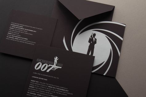 Bespoke 007 James Bond part invitation from Mount Street Printers. Bond 007 Theme Party, James Bond Birthday Party Ideas, James Bond Invitation, James Bond Party Invitation, 007 Wedding, James Bond Wedding, Bond Wedding, James Bond Theme Party, 007 Party