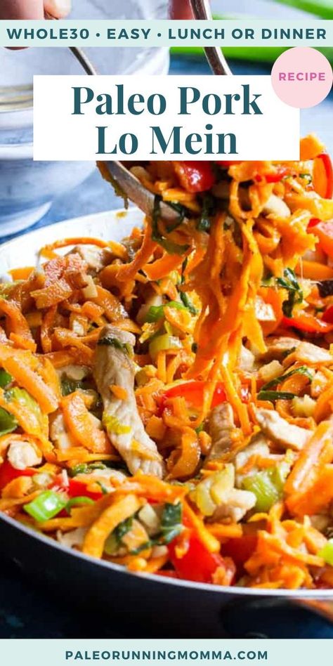 This paleo and Whole30 spin on veggie and pork lo mein uses sweet potato noodles for a delicious real-food meal packed with the traditional flavors of garlic, sesame and ginger. High in protein, fiber, and healthy fats for a filling lunch or dinner that’s grain free, soy free, gluten-free and paleo! Easy Whole 30 Lunch, Pork Lo Mein Recipe, Emma Food, Paleo Lunches, Paleo Baking Recipes, Lo Mein Recipe, Paleo Dinners, Paleo Pork, Whole 30 Lunch