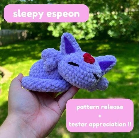 ♡ pattern release + tester appreciation!! i am so excited to announce that my sleepy espeon pattern is officially LIVE on my etsy account! it will be 10% off for the first week of its release :’) please go show my wonderful testers some love, they all worked so hard and i couldn’t have asked for better testers 🤍 🏷️ #patternrelease #crochet #crochetaddict #crochetlove #espeon #pokemon #pokémon #crochetersofinstagram #crocheter Stitches Sewing, Anime Crochet, Crochet Pour Halloween, Pokemon Crochet, Pokemon Crochet Pattern, Crochet Pokemon, Pokemon Pattern, Crochet Cute, Purple Crochet