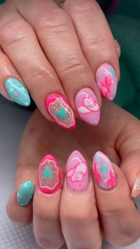 Fun And Colorful Nails, Cute Gel X Nail Designs, Western Barbie Nails, Pink Cowboy Nails, Pink Disco Cowgirl Nails, Pink Cowgirl Nails Designs, Pink Cowgirl Aesthetic Nails, Coastal Cowgirl Nails, Moto Nails