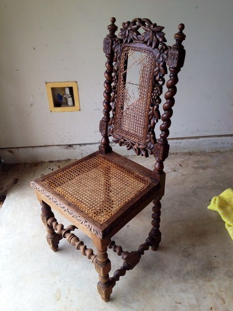 Before - 1850's Oak Barley Twist Chair Witchy Furniture, Barley Twist Furniture, Antique Knowledge, Carved Chairs, Gothic Stuff, Wood Table Design, Upholstery Ideas, Barley Twist, Antique Chairs