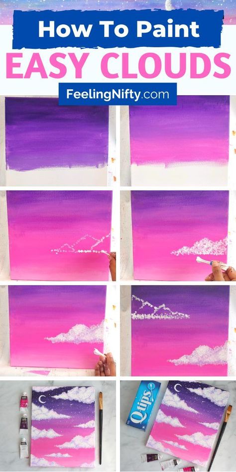 Learn how to paint clouds with acrylic paints using this easy beginner technique. Add in a beautiful pink/purple sky background for a cute cloud painting. Clouds With Acrylic Paint, Aesthetic Pink Sunset, Cloud Painting Acrylic, How To Paint Clouds, Boyfriend Painting, Simple Painting, Small Canvas Paintings, Canvas Painting Tutorials, Simple Canvas Paintings