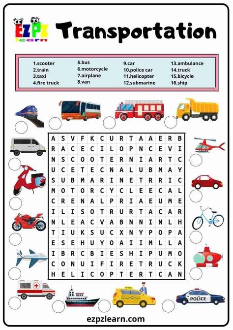 Free Printable Word Search Worksheets For Kids Topic Transportation Kindergarten Preschool Game Transport Worksheets For Preschool, Words Search Worksheet, Transport Worksheets For Kindergarten, Transport Worksheets For Kids, Transportation Worksheets For Kids, Transportation Kindergarten, Wordsearch Worksheets, Word Puzzles For Kids, Transportation Worksheet