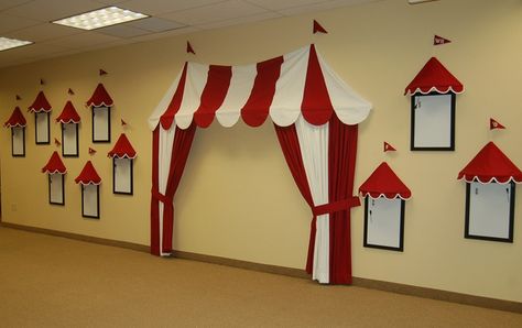 Fun indoor circus tent Carnival Classroom, Circus Classroom, Vintage Circus Theme, Carnival Tent, Circus Carnival Party, Circus Theme Party, School Carnival, Carnival Themed Party, Circus Birthday Party