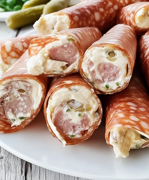 Salami Cream Cheese Roll Ups Recipe Salami Rolls Cream Cheese, Salami And Pickle Roll Ups, Salami Pinwheel Appetizers, Salami And Cream Cheese Appetizers, Ham Green Onion Cream Cheese Roll Ups, Salami Cream Cheese Roll Ups Pickle, Salami And Cream Cheese Roll Ups, Salami Rollups Appetizer Recipes, Ham Roll Ups With Cream Cheese Ranch