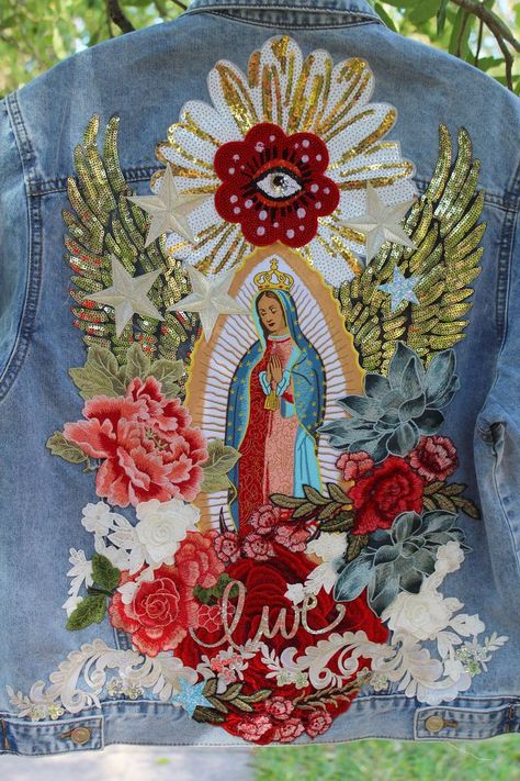 Decorated Denim Jackets, Jean Jacket Diy Upcycling, Denim Jacket Diy Paint, Denim Jacket With Patches, Embroidery Denim Jacket, Virgin Maria, Embroidery Jeans Jacket, Jean Jacket Diy, Denim Jacket Embroidery