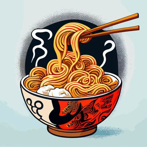 Bowl Of Ramen Illustration, Bowl Of Noodles Illustration, Noodle Illustration Design, Ramen Noodles Drawing, Ramen Illustration Art, Ramen Noodle Drawing, Chinese Food Drawing, Ramen Bowl Drawing, Ramen Artwork