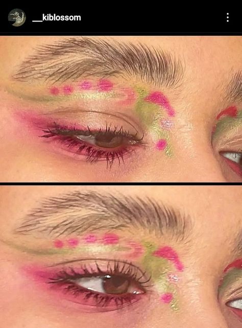 Pink Green Makeup, Pink And Green Eyeshadow Looks, Green And Pink Makeup, Pink And Green Makeup, Editorial Aesthetic, Green Eyeshadow Look, Green Cottagecore, 70s Makeup, Trilogy Tour