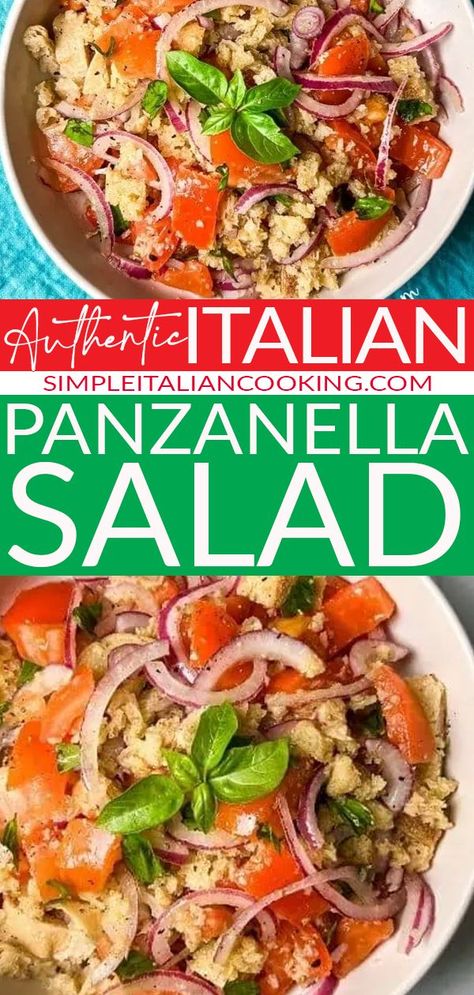 This panzanella salad is a traditional Italian salad. It's original origins uses stale bread which is soaked in water and then seasoned with olive oil and Italian herbs. This easy Italian salad is very flexible and I provide additional ingredients to really change things up. If you like croutons in your salad, you've got to try this one! via @simpleitalian Authentic Italian Bread, Easy Italian Salad, Quick Italian Recipes, Bread Salad Recipe, Tuscan Salad, Italian Bread Salad, Tuna Pasta Salad Recipes, Italian Cooking Recipes, Panzanella Salad Recipe