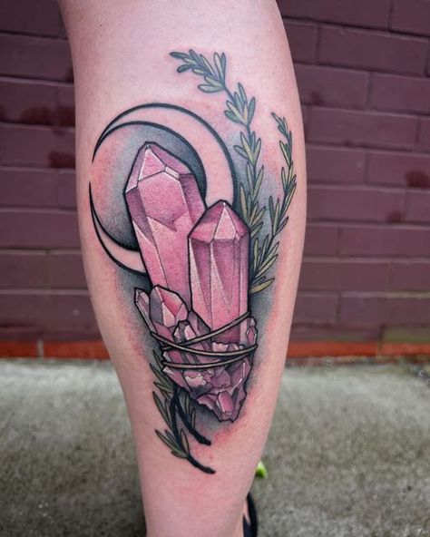 Crystal Bundle Tattoo, Quartz Crystal Tattoo, Rose Quartz Tattoo, Crystal Tattoo Design, Amethyst Tattoo, Rosemary Tattoo, Crystal Tattoos, Miscellaneous Tattoos, Stone Tattoo