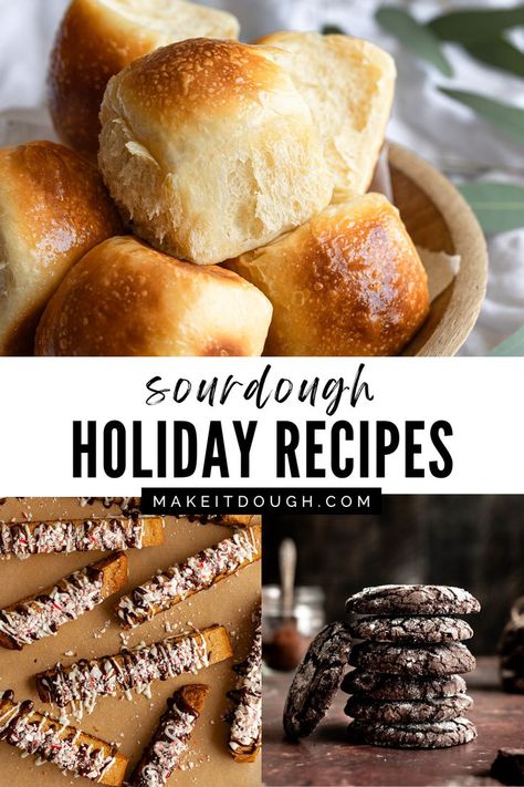 Add a flavorful twist to your holiday meals with these sourdough starter and discard recipes. From biscuits to desserts, each dish offers a warm holiday touch. Explore these recipes and more at makeitdough.com! Holiday Sourdough, Sourdough Dessert Recipes, Sourdough Dessert, Recipes For Bread, Festive Recipes, Sourdough Starter Recipe, Discard Recipes, Bread Cookies, Sourdough Bread Recipe