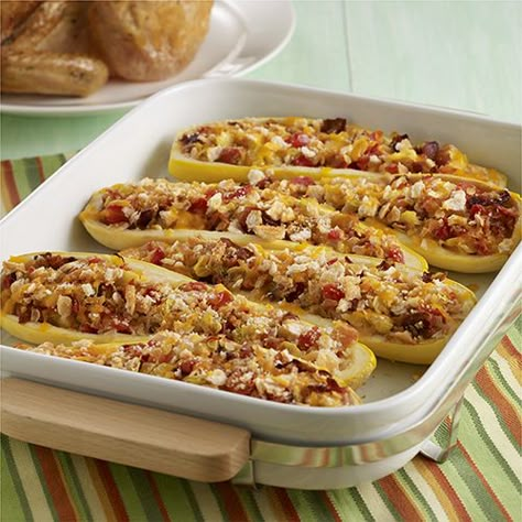 Baked squash shells filled with the squash flesh, onion, tomatoes and bacon and finished with a cheesy crumb topping for a crowd-pleasing side dish Stuffed Yellow Squash, Yellow Squash Recipes, Summer Squash Recipes, Stuffed Squash, Ready Set Eat, Baked Squash, Yellow Squash, Veggie Side Dishes, Crumb Topping