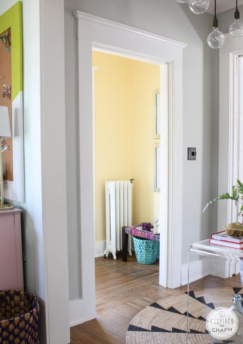 Color in the Entryway - Banana Cream - Sherwin Williams Inspired by Charm Banana Cream Sherwin Williams, Sherwin Williams Banana Cream, Yellow Living Rooms, Aloof Gray, Exterior Paint Sherwin Williams, Exterior Front Door Colors, Therapy Inspiration, Paint Colors For House, Colors For House