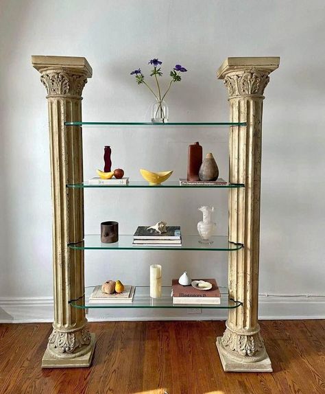 Greek Bedroom, Column Decor, Shelf Measurements, Greek Decor, Mediterranean Interior, Mediterranean Style Home, Roman Columns, Apartment Makeover, Showroom Interior Design