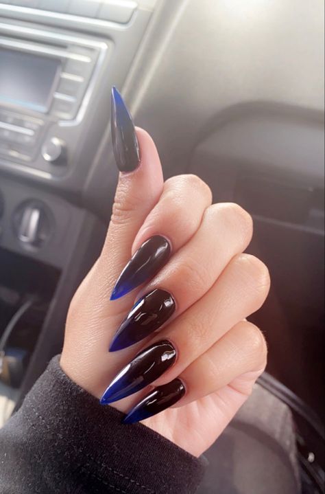 Black And Blue Ombré Nails, Navy Blue And Black Nails Acrylic, Blue Black Acrylic Nails, Black To Blue Ombre Nails, Dark Blue Ombré Nails, Blue And Black Prom Nails, Black Blue Ombre Nails, Dark Blue Black Nails, Evanescence Nails