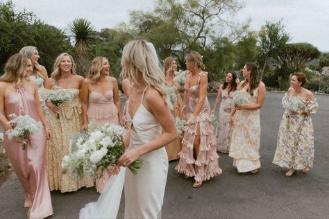 the perfect bridal party lineup. Mismatched Bridesmaids Dresses, Patterned Bridesmaid, Patterned Bridesmaid Dresses, Garden Party Theme, Garden Wedding Reception, Garden Theme Wedding, Bridesmaid Ideas, Garden Wedding Dresses, Mismatched Bridesmaids