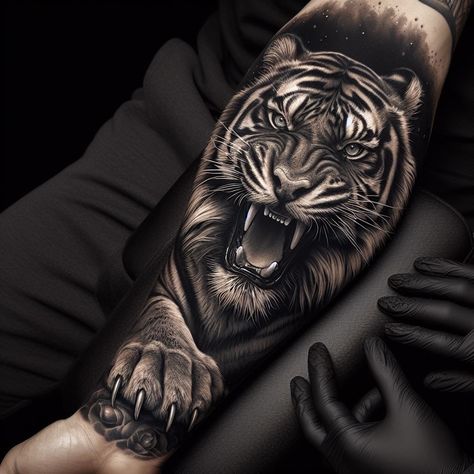 Tiger Black Tattoo, Animal Sleeve Tattoo Men, Tiger Tattoo Ideas, Tiger Tattoo Men, Tiger Arm Tattoo, Tiger Tattoo Design Men, Tigres Tattoo, Mens Tiger Tattoo, Tiger Head Tattoo