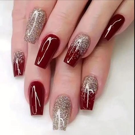 24pcs Golden Glitter Square Press On Nails - Medium Size Acrylic Wine Red Design For Bridal Wedding Use Brand New Never Worn! Ballet Nails, Long Press On Nails, Fancy Nails Designs, Nagel Tips, Nails For Women, Stick On Nails, Bridal Nails, Nail Designs Spring, Fall Nail Designs