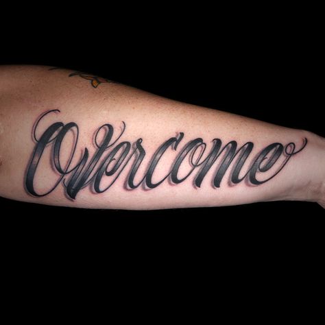 'Overcome' Tattoo by West Team West Coast Tattoo Design, Overcomer Tattoos, Fievel Goes West Tattoo, South Side Tattoo Lettering, North West South East Tattoo, Overcome Tattoo, West Coast Tattoo Lettering, Side Hand Tattoo, Word Lettering