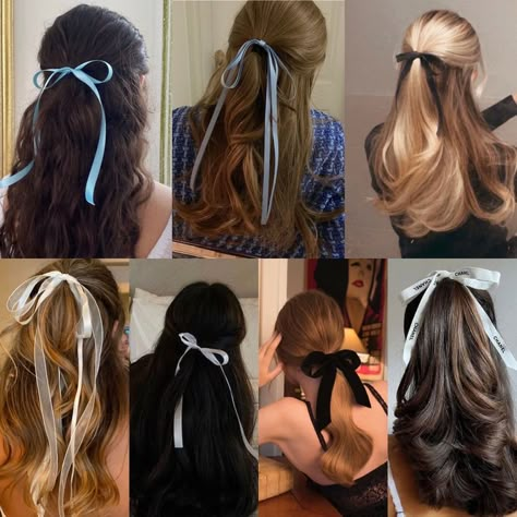 White Ribbon Hair, Cute Bob Hairstyles, Long Hairstyle Ideas, Hair Clips For Women, Bow Hairstyle, Trendy Hairstyle, Long Hairstyle, Ribbon Hairstyle, Half Up Half Down Hair