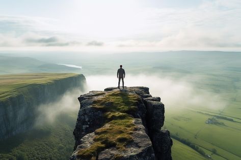 A person standing at the edge of a cliff looking out into a vast landscape mental health Person Standing On Cliff, Cliff Reference, A Person Standing, Edge Of A Cliff, Person Silhouette, Vast Landscape, Vector Background Pattern, Free Business Card Mockup, Open Field