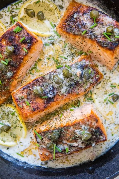 Salmon Lemon Dill Cream Sauce, Salmon With Caper Sauce, Salmon With Capers And Lemon, Salmon And Capers Recipe, Caper Sauce For Salmon, Lemon Dill Sauce For Salmon, Recipes With Dill, Salmon With Capers, Salmon Steak Recipes