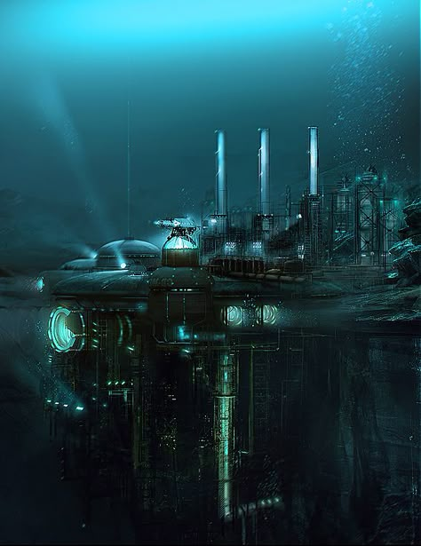 G.I. Joe Rise Of Cobra concept art work by Morgan Yon Under Water City Fantasy Art, Underwater City Concept Art, Submarine Concept Art, Sci Fi City, Underwater City, All For One, Cyberpunk City, G I Joe, Fantasy City