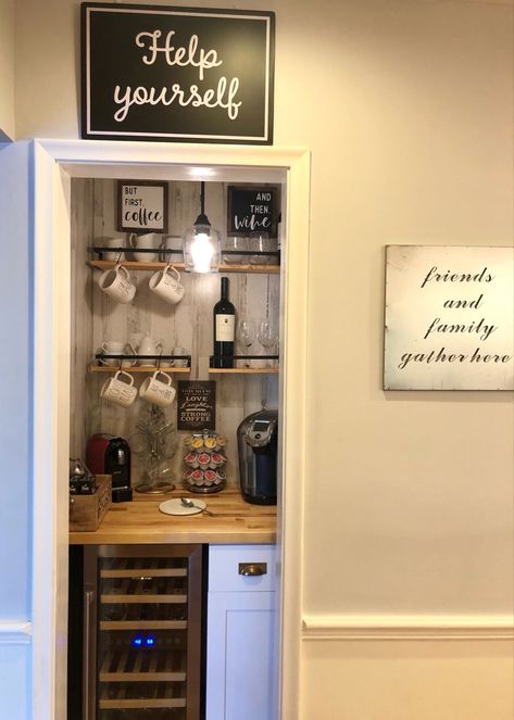 Kitchen Closet Coffee Bar, Coffee Nook In Closet, Coffee Station In Pantry Closet, Pantry Closet Coffee Bar, Closet Into Wine Bar, Closet Coffee Station, Wine And Coffee Bar Closet, Convert Closet To Bar, Coffee Bar Ideas In Closet