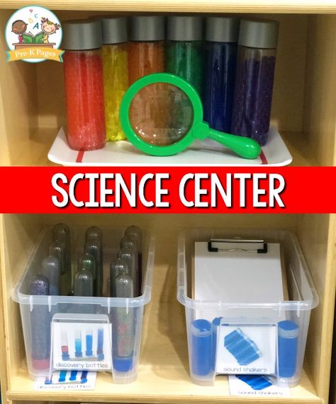 Science Center for Preschool Daycare Science Center Ideas, Diy Science Center Preschool, Science Corner Kindergarten, Science Corner Preschool, High Scope Classroom Set Up, Toddler Science Center, Preschool Science Area Set Up, Daycare Science Center, Science Center Preschool Set Up