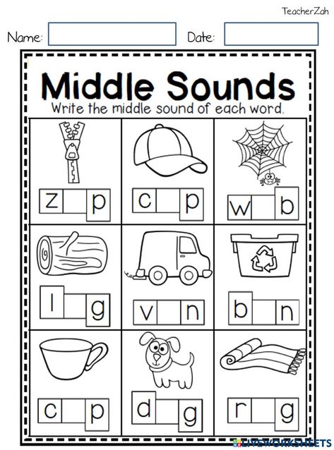 Medial Sounds Activities, Cvc Worksheets Free, Phonic Reading, Cvc Worksheets Kindergarten, Middle Sounds Worksheet, English Preschool, Homework Folders, Preschool Prewriting, Kindergarten Classroom Themes