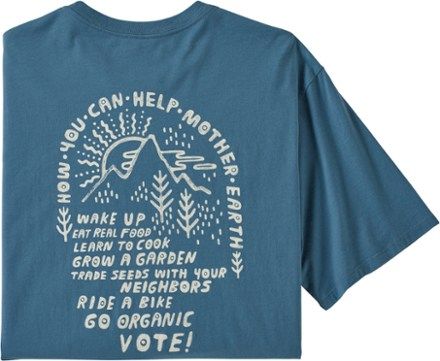 Ever wondered how you can help Mother Earth? The graphic on the back of the men's Patagonia How to Help Organic T-shirt has a few ideas! Available at REI, 100% Satisfaction Guaranteed. Tee Shirt Homme, Running Shirts, Mens Tee Shirts, Boys Jacket, Pesticides, Rei Co-op, Pullover Men, Outdoor Outfit, Mens Graphic Tee