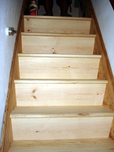 Diy Stair Skirt Board, Alternate Tread Staircase, Redoing Stairs, Retread Stairs Diy, How To Make Wood Stairs Quiet, How To Fix Creaky Stairs, Stairs Skirting, Fixer Upper Diy, Basement Stairs Remodel