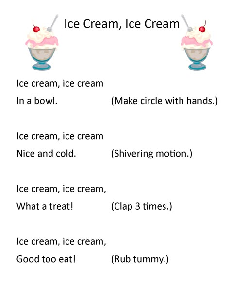 #storytime #icecream #actions #rhyme Preschool Poems, English Rhymes, Circle Time Songs, Kindergarten Songs, Classroom Songs, Songs For Toddlers, Nursery Songs, Ice Cream Ice, School Songs