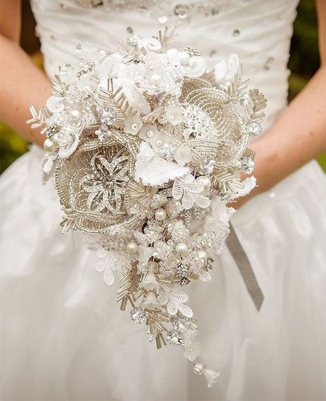 Beads pearls and fabric flowers in pure white. Non-traditional and unique bridal bouquets without flowers. Beaded Bouquet, Fabric Bouquet, Jeweled Bouquet, Flowers And Pearls, Bridal Brooch Bouquet, Bridal Brooch, Wedding Brooch Bouquets, Bride's Bouquet, Crochet Wedding