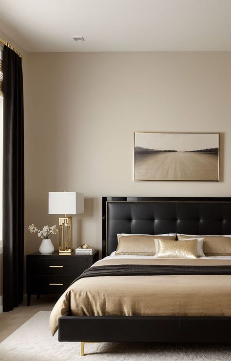 Beige And Black Bedroom Ideas, Beige And Black Bedroom, Beige Upholstered Bed, Beige Bed Frame, Beige Walls Bedroom, Black Nightstands, Black Bedroom Ideas, Beige Room, Black Bed Frame