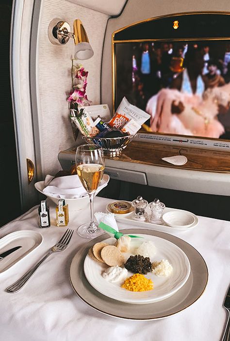 How I Travel the World for Free on Credit Card Points • The Blonde Abroad In-flight Meal, Travel The World For Free, Flying First Class, Business Class Flight, Amenity Kits, First Class Flights, Credit Card Points, Luxury Private Jets, Emirates Airline