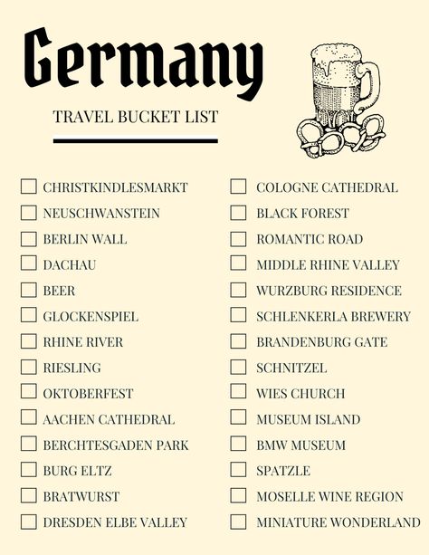 Travel Checklist Printable, Germany Bucket List, German Travel, Bucket List Travel, Holiday Travel Destinations, Checklist Printable, The Bucket List, Travel Inspiration Destinations, Travel Checklist