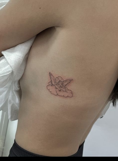 Angel Tattoo Ribs, Angel Tattoo On Ribs, Small Angel Tattoo, Under Chest Tattoo, Underboob Tattoo Designs, Rib Tattoos For Women, Mystical Tattoos, Wicked Tattoos, Petite Tattoos