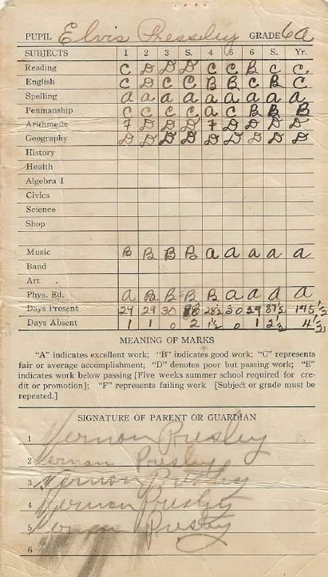 July 3, 1949: Elvis got his 8th grade report card from Humes High. He got a C in music. Here's Elvis' report cards. Failing Grades, Elvis Quotes, Titanic Artifacts, Elvis Memorabilia, Elvis Presley Videos, Vintage Scrapbook Paper, Written Notes, Report Cards, Elvis Presley Images