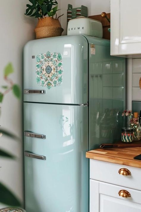 Fresh Refrigerator Decor Ideas to Liven Up Your Kitchen Vintage Style Fridge, Decorate Above Fridge, Decor On Top Of Fridge, Fridge Top Decor Ideas, Coloured Fridge, New Retro Fridge, Fridge Top Decor, Top Of Fridge Decor Ideas, Color Fridge