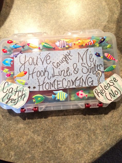 Tackle Box Hoco Proposal, Hoco Fishing Proposal, Fishing Homecoming Proposal Ideas, Hoco Proposals Ideas Fishing, Fishing Promposal Ideas, Fishing Valentine Ideas For Him, Fishing Hoco Proposals, Fishing Valentines, Fishing Promposal