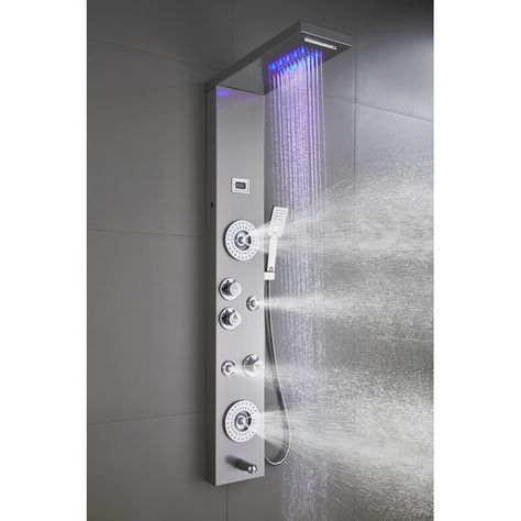 ELLO&ALLO 55" Shower Panel with Dual Shower Head and Massage Function & Reviews | Wayfair Shower Tower Panel, Waterfall Shower Head, Shower Tower, Bathroom Shower Panels, Led Shower Head, Waterfall Shower, Dual Shower Heads, Shower Panel, Luxury Shower