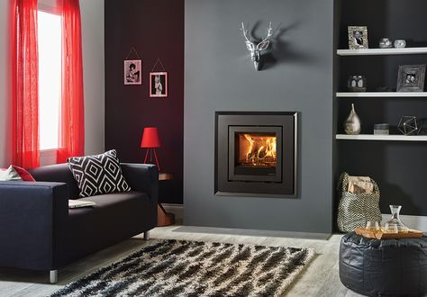 Inset Log Burners, Stove Surround, Wood Burner Fireplace, Wood Burning Stoves Living Room, Log Burner Living Room, Log Burner Fireplace, Inset Fireplace, Inset Stoves, Gray Living Room Design