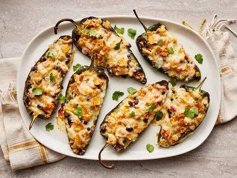 Chicken-Stuffed Poblano Peppers Recipe Stuffed Pablano, Party Food For A Crowd, Stuffed Jalapeños, Stuffed Jalapeno, Poblano Peppers Recipes, Impressive Appetizers, Poblano Peppers, Cheese Chips, Chicken Stuffed