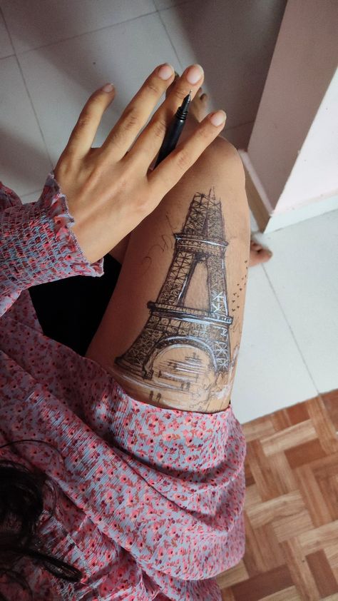 Leg Pen Tattoos, Drawings On Legs Art With Pen, Things To Draw On Your Leg, Painting Paris, Leg Painting, Leg Art, Pen Tattoo, Mythology Tattoos, Architecture Tattoo