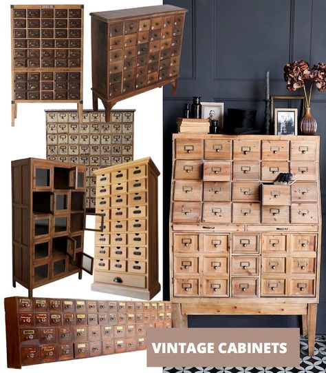 Apothecary storage cabinets arranged on a moodboard Vintage Storage Cabinet, Witch Apothecary Cabinet, Apothecary Pantry, Swamp House, Apothecary Storage, Apothecary Kitchen, Apothecary Design, Pantry Renovation, Apothecary Chest